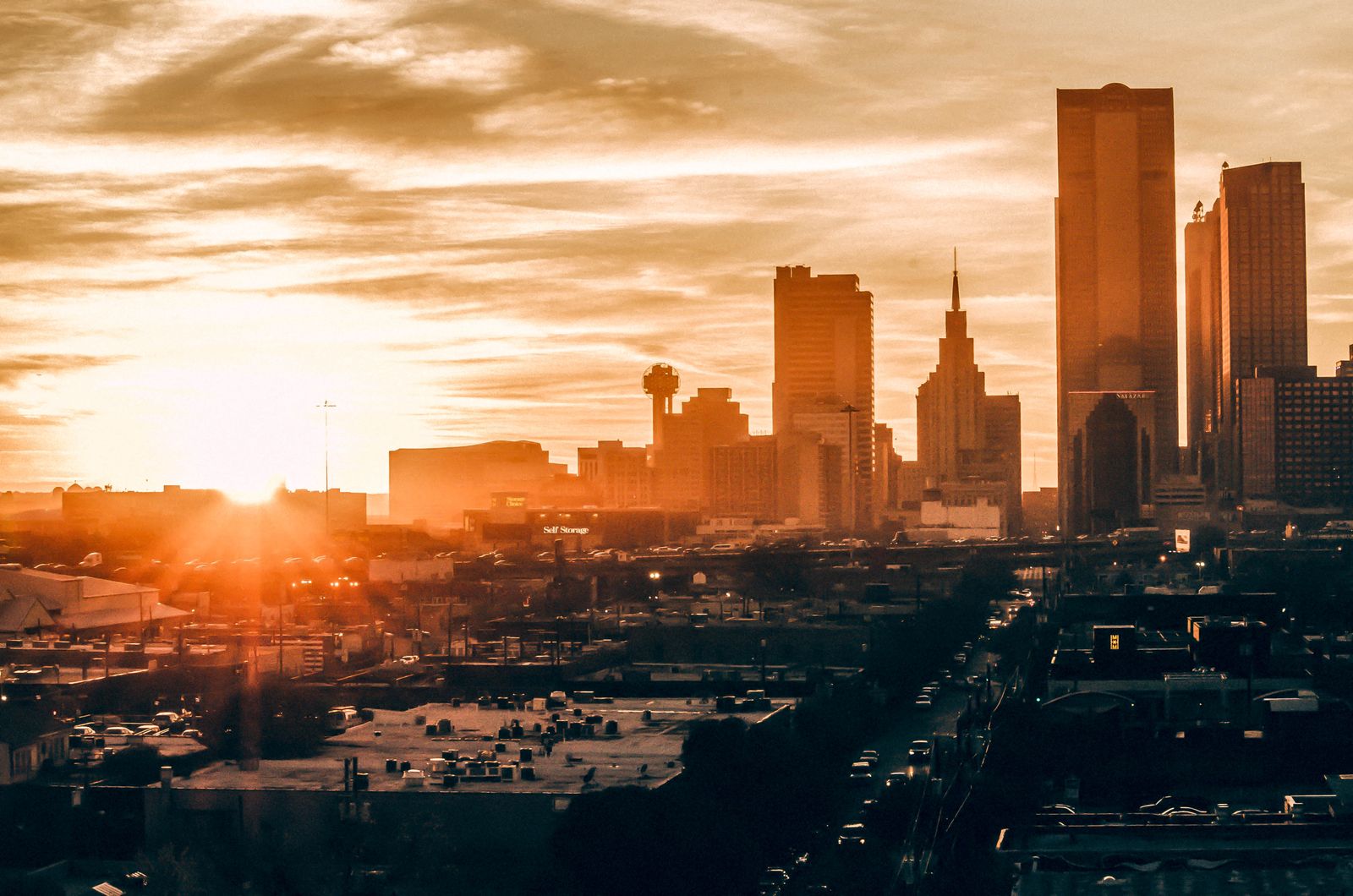 An aerial view of Dallas at sunset