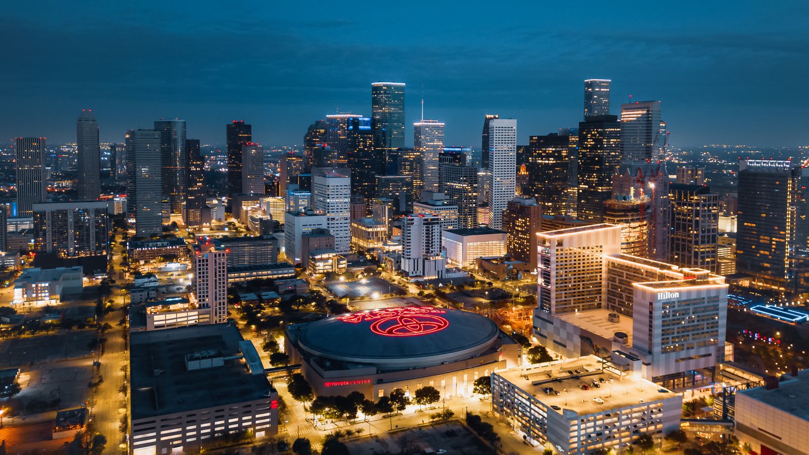 An aerial view of downtown Houston at night