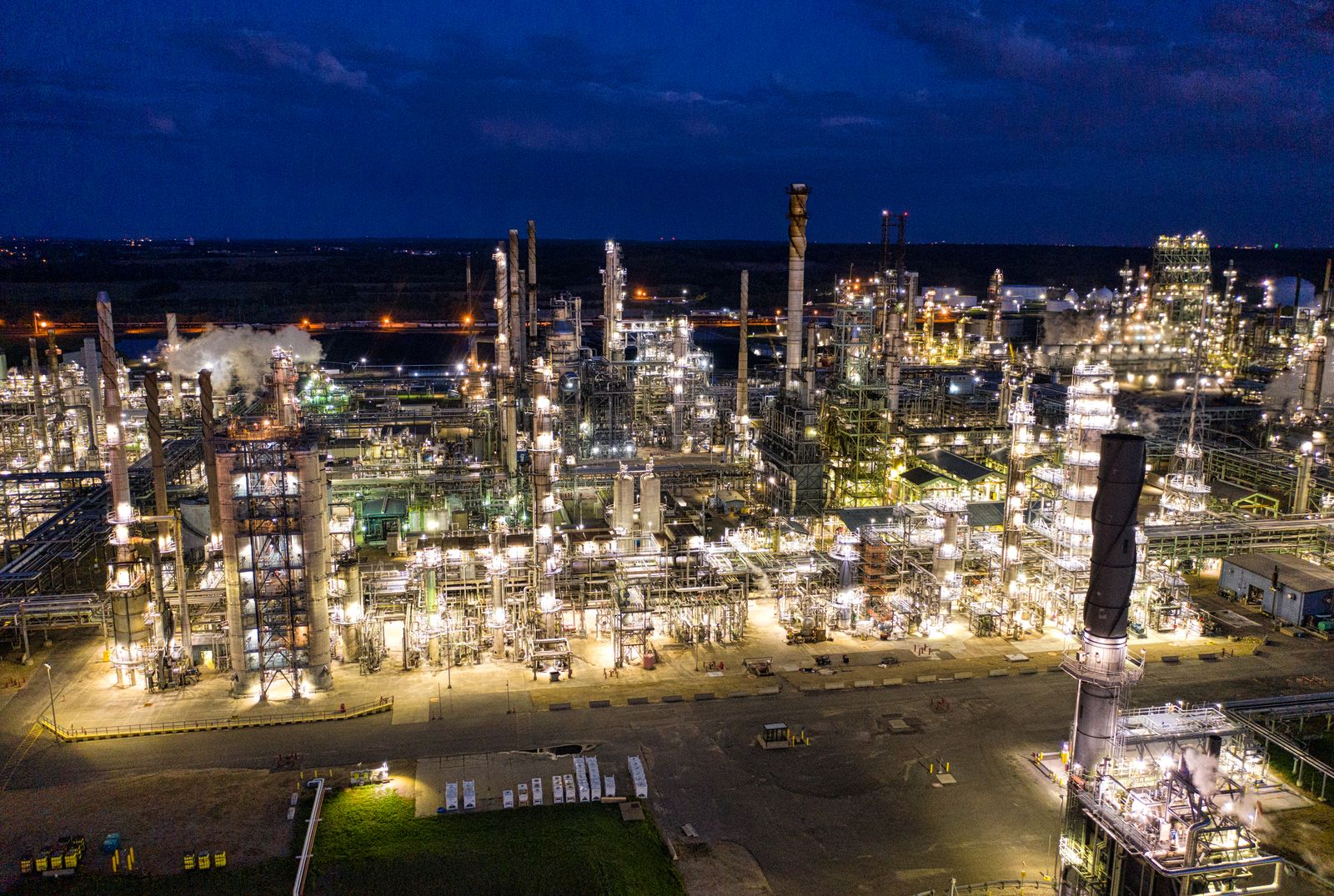 A Gulf Coast petrochemical plant at night