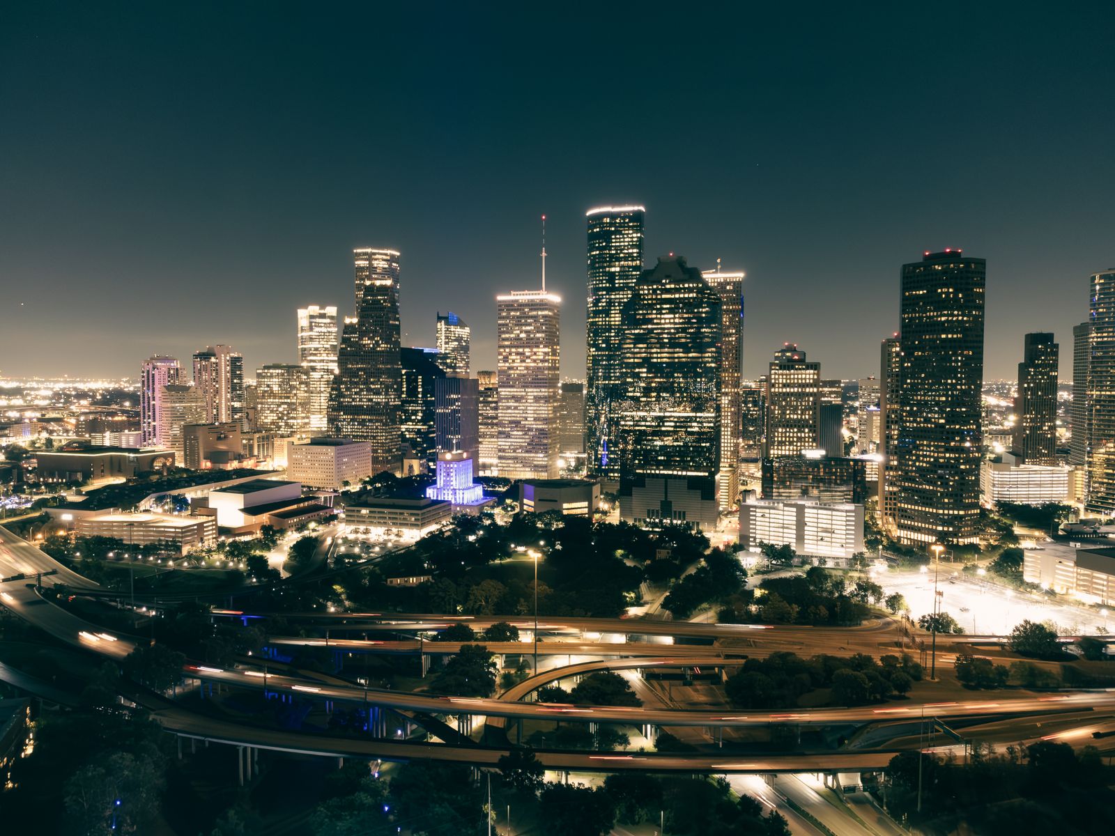 Downtown Houston and its freeways at night, Harris County