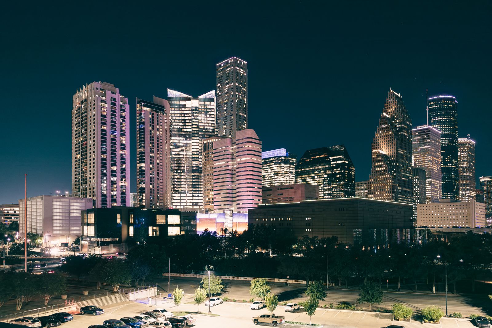 The illuminated downtown Houston skyline