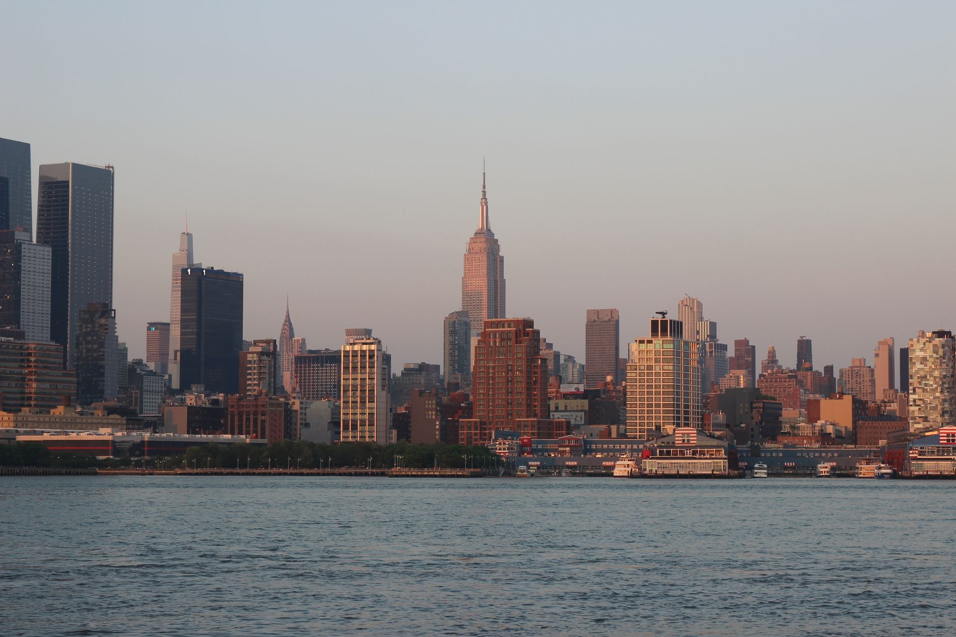 The Manhattan skyline at sunset seen from the Hudson County waterfront