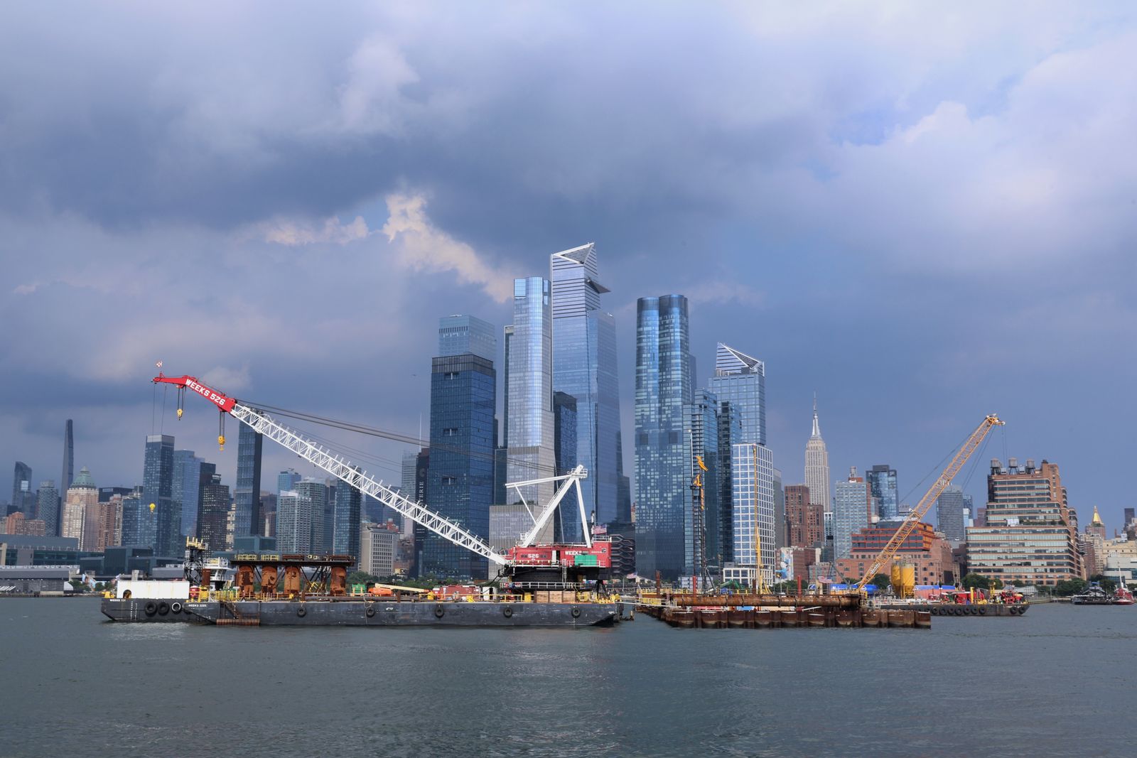 Tower cranes over a high-rise construction site in Manhattan