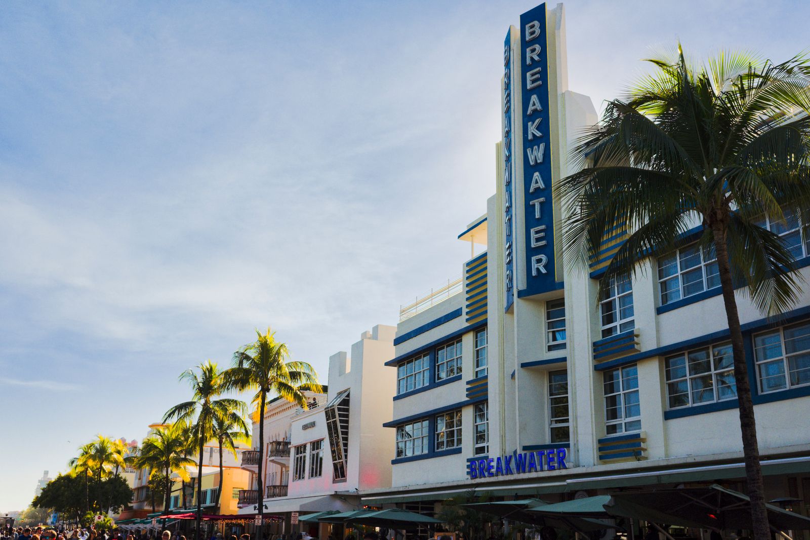 A historic Art Deco hotel facade in Miami Beach