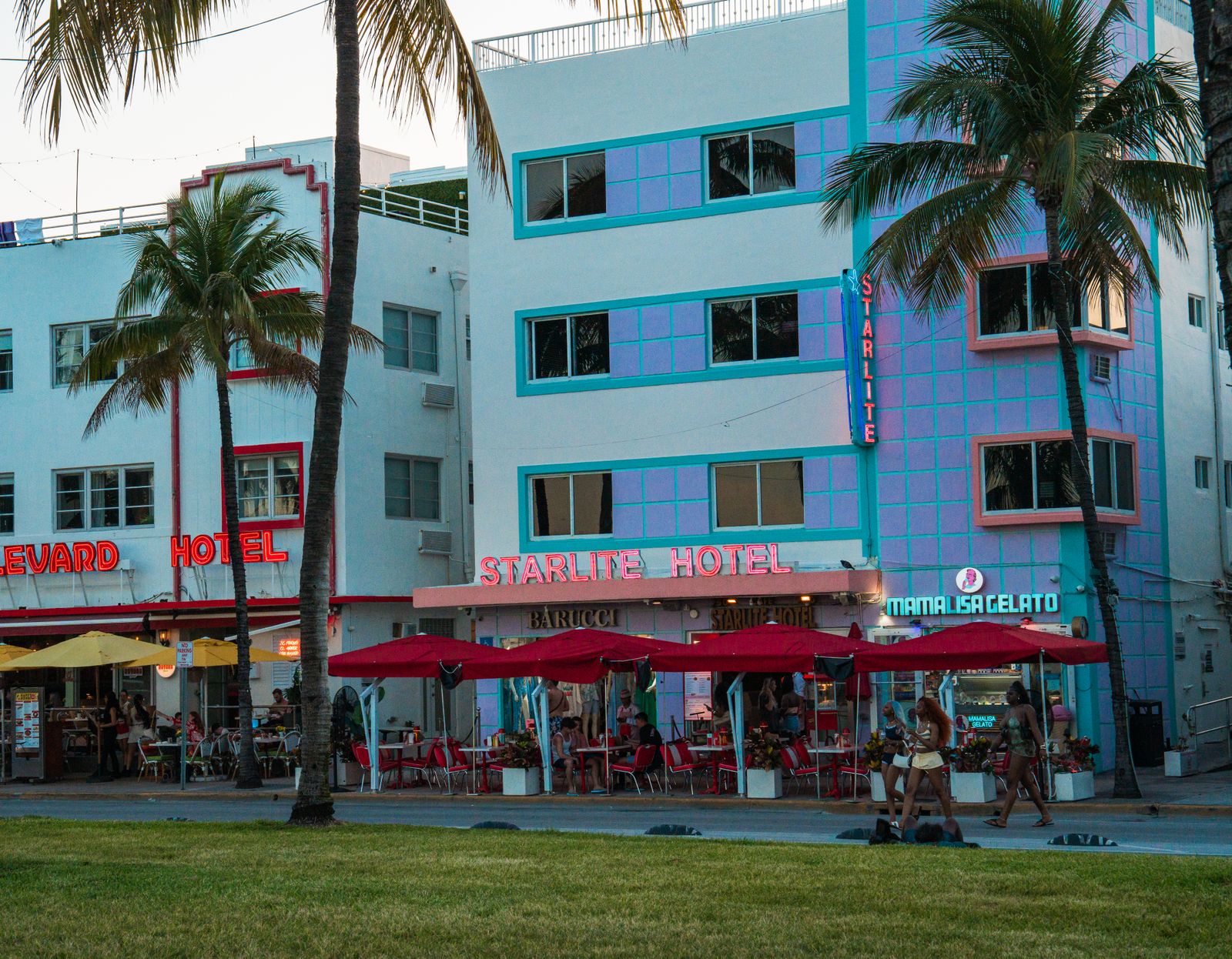 Miami Beach beachfront hotels at dusk