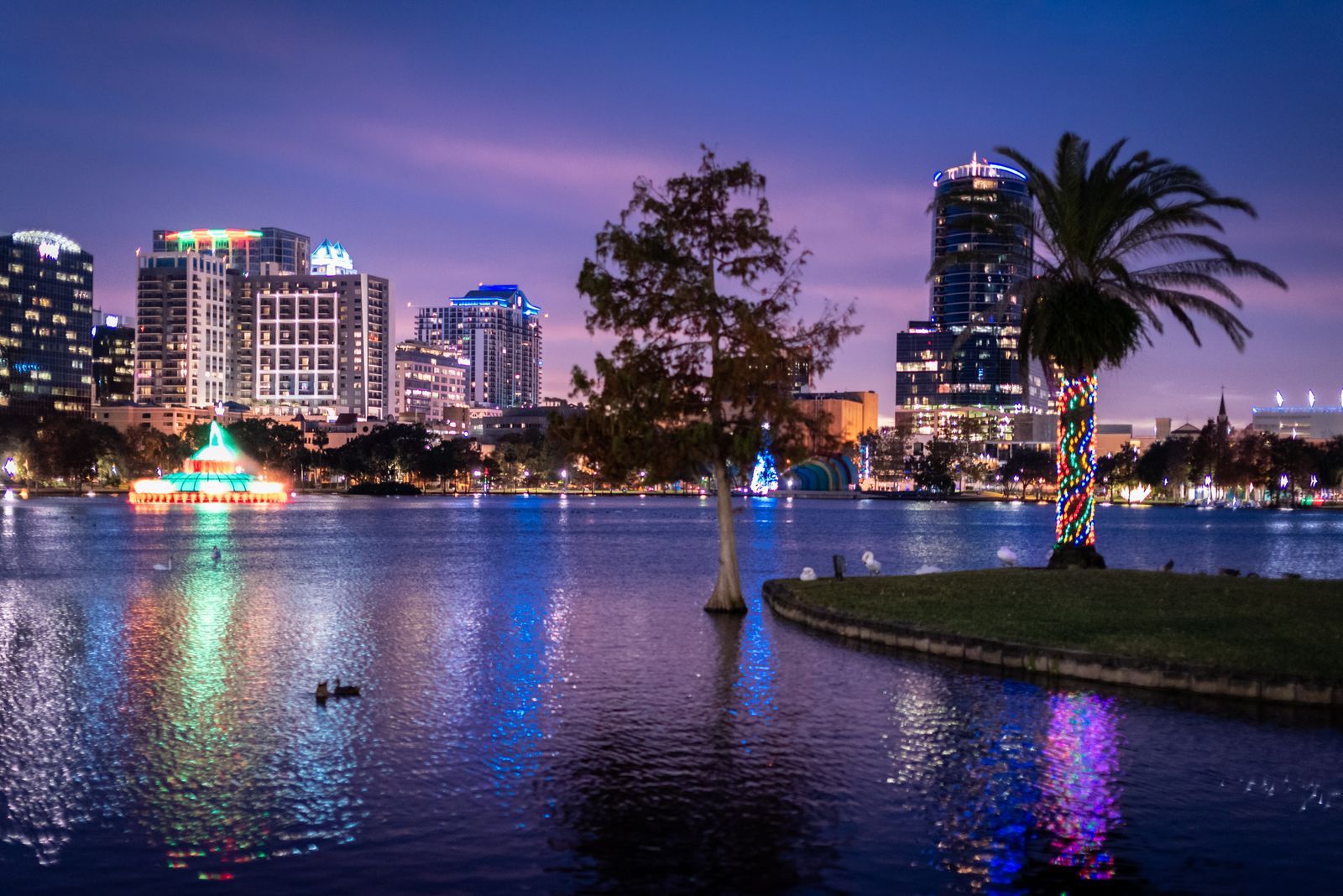 Downtown Orlando at twilight over Lake Eola