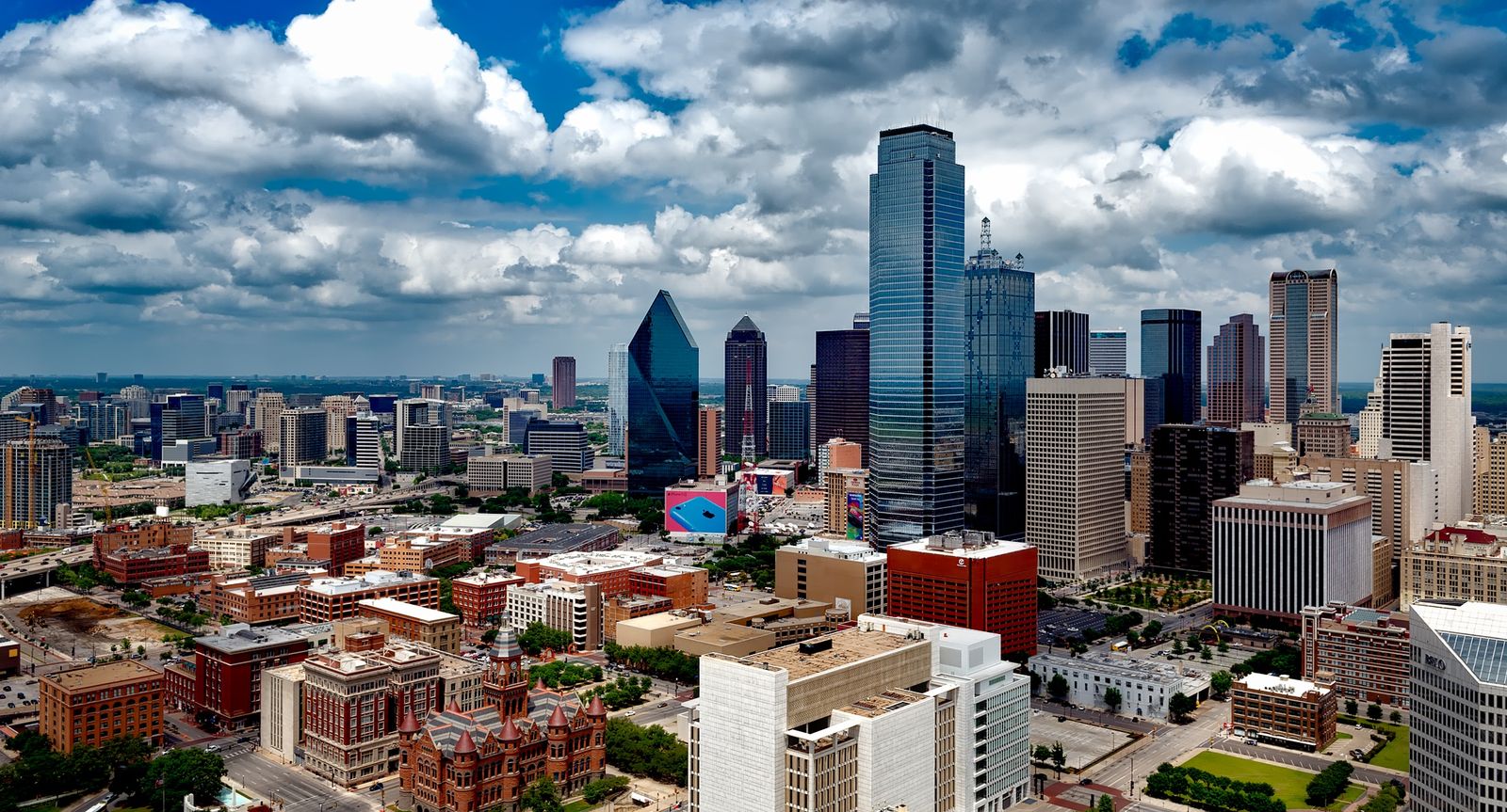 An aerial view of a North Texas commercial district, representative of Plano