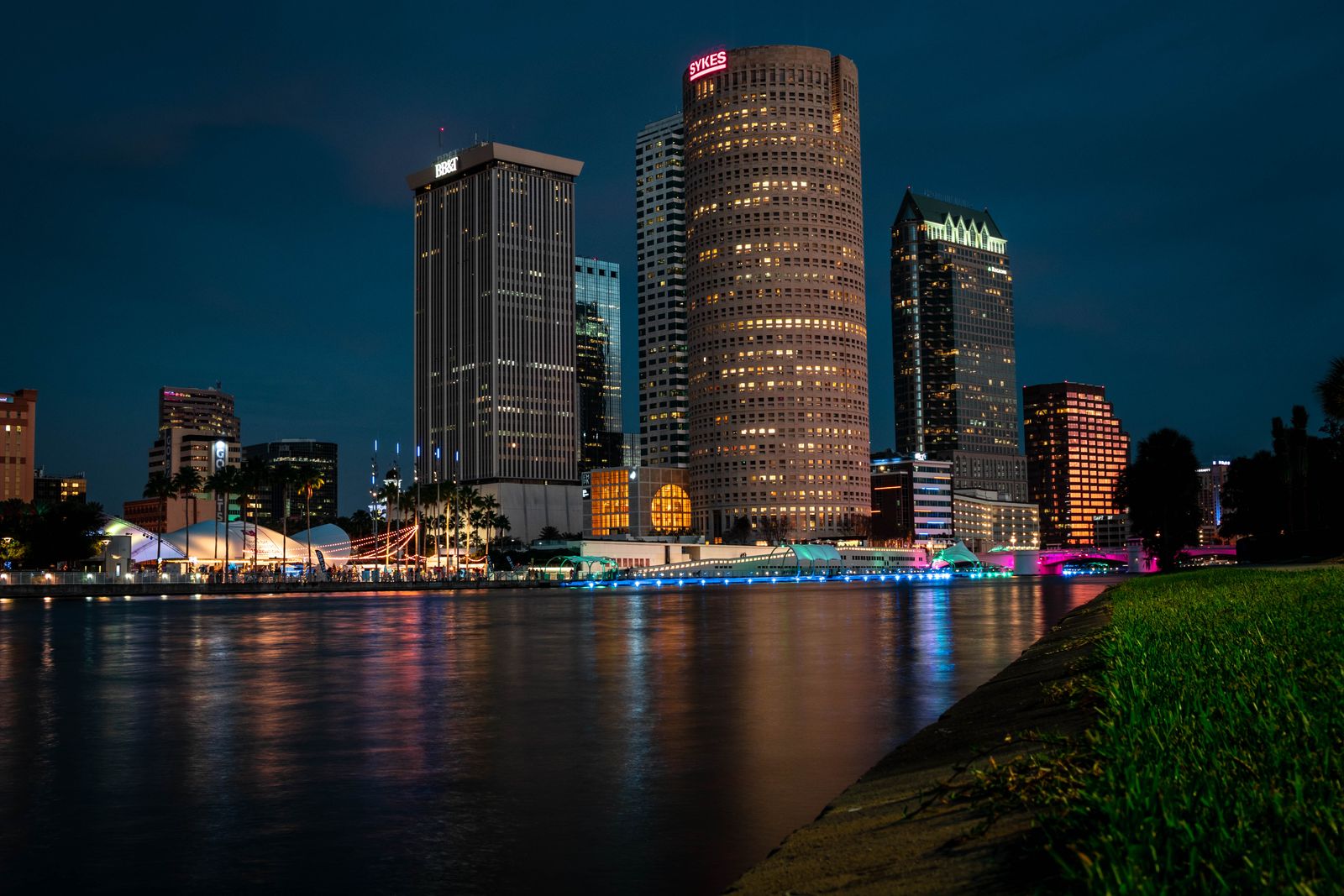 The Tampa Bay skyline at night across the water