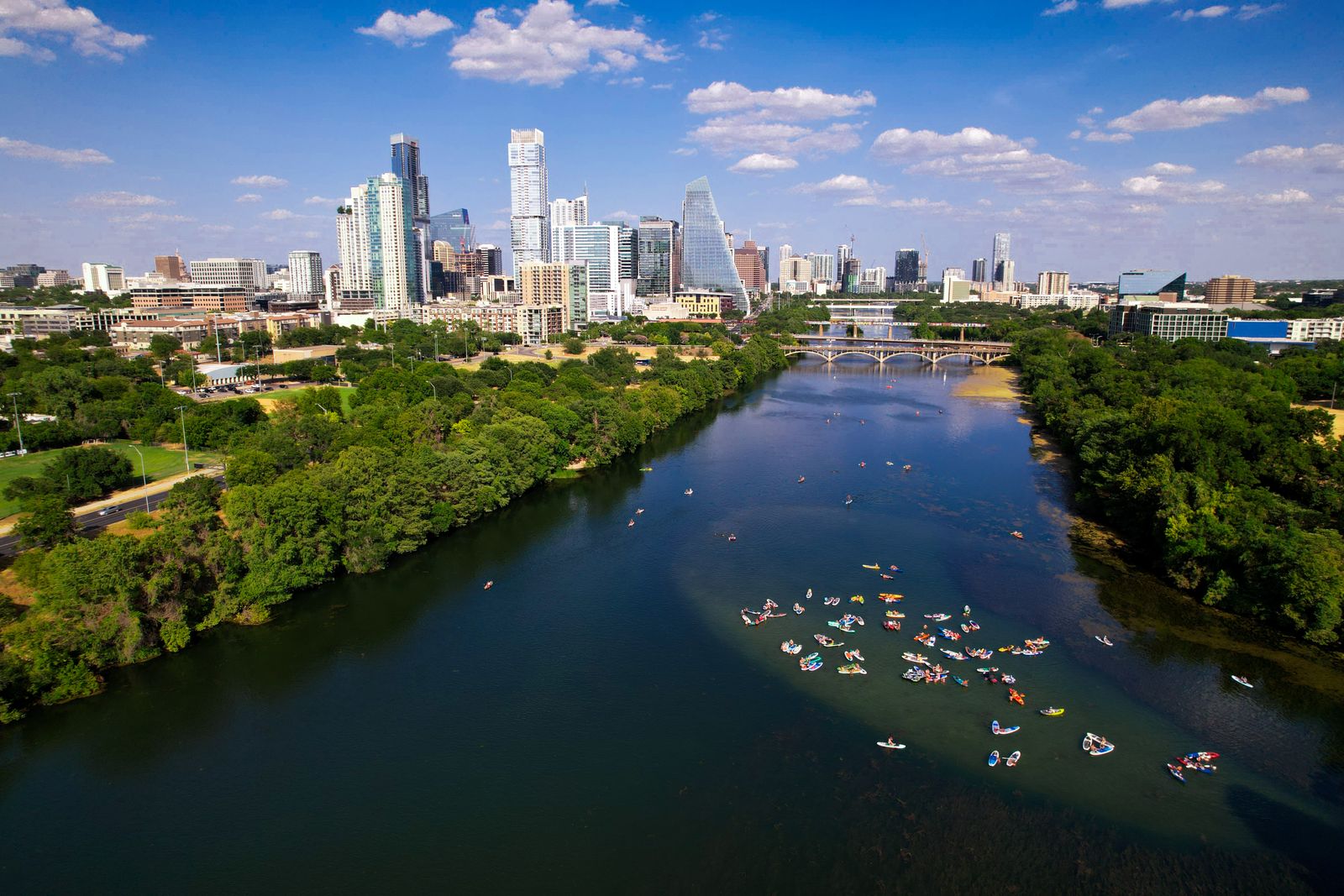 An aerial view of Austin and the Colorado River