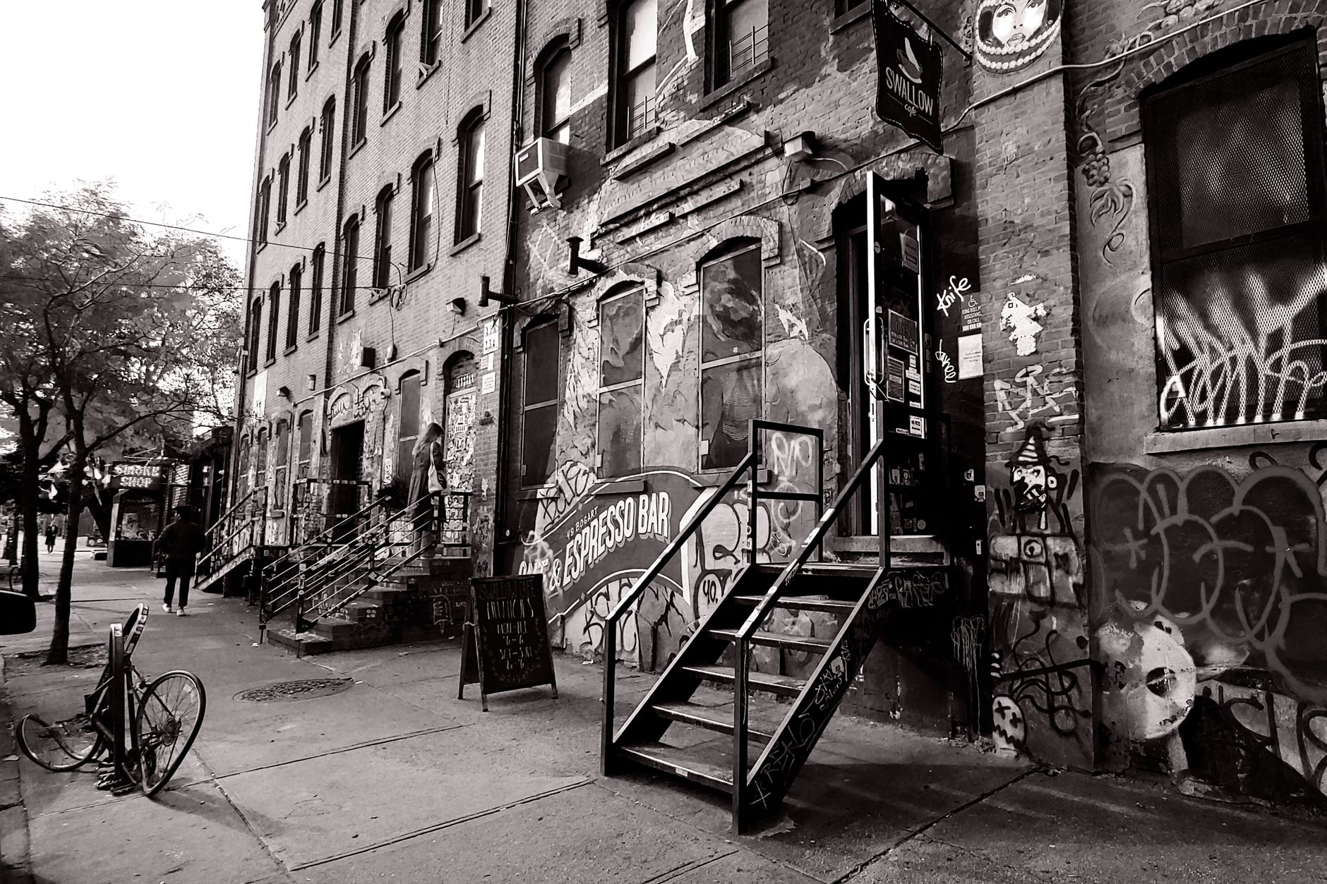 Street-level storefronts, representative of Bedford-Stuyvesant's Fulton and Nostrand corridors