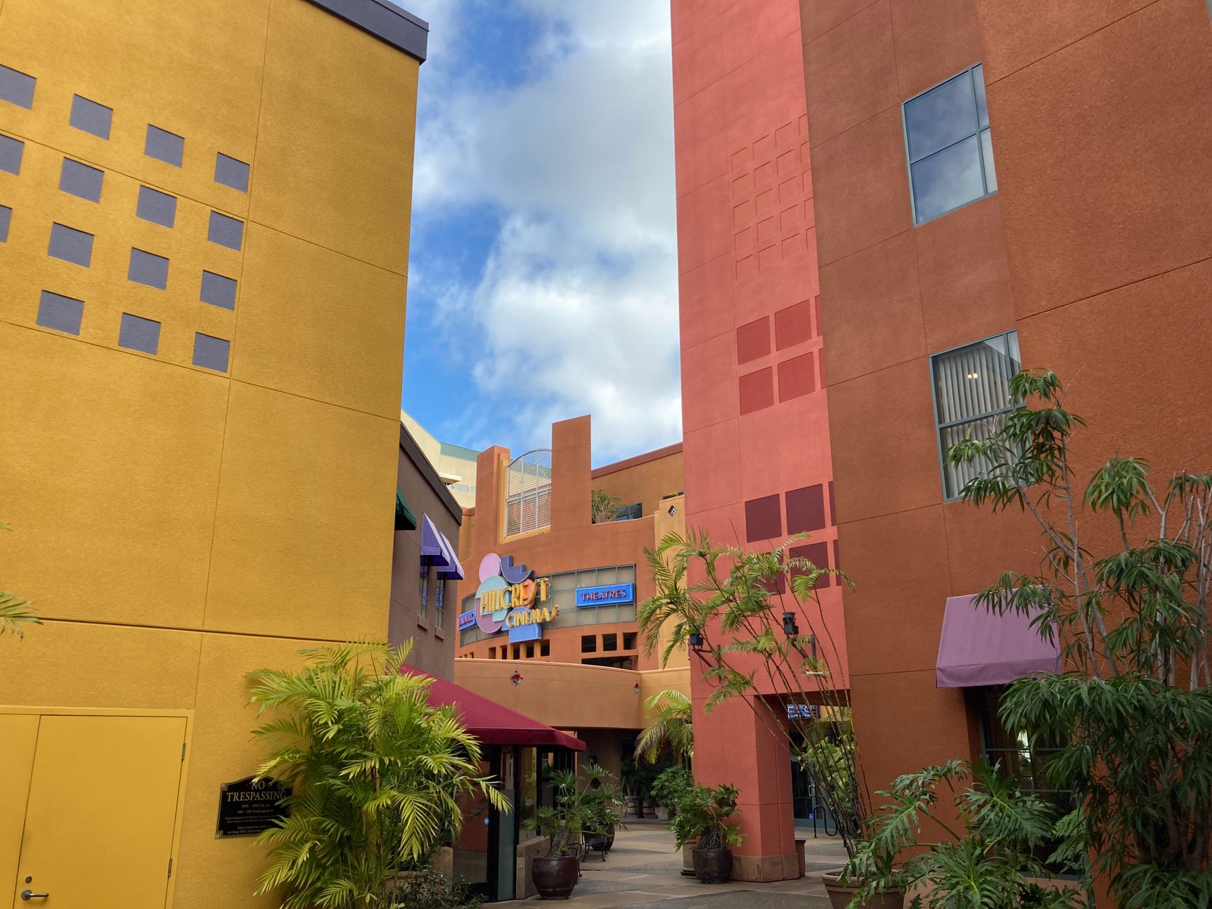 Palm-lined retail plaza, representative of Boynton Beach's Congress Avenue corridor