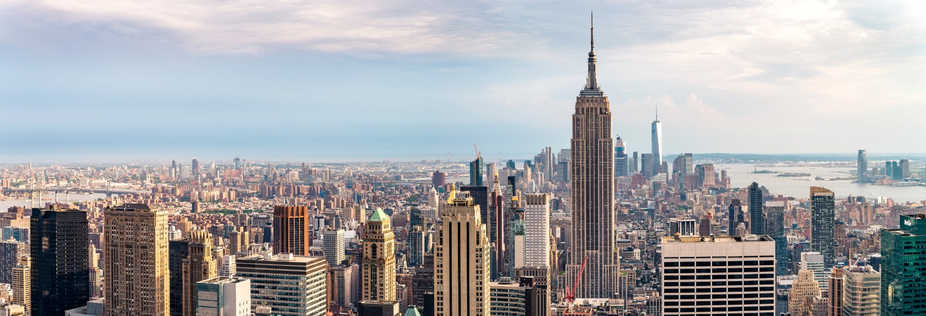 The downtown Manhattan skyline, representative of New York City's commercial density
