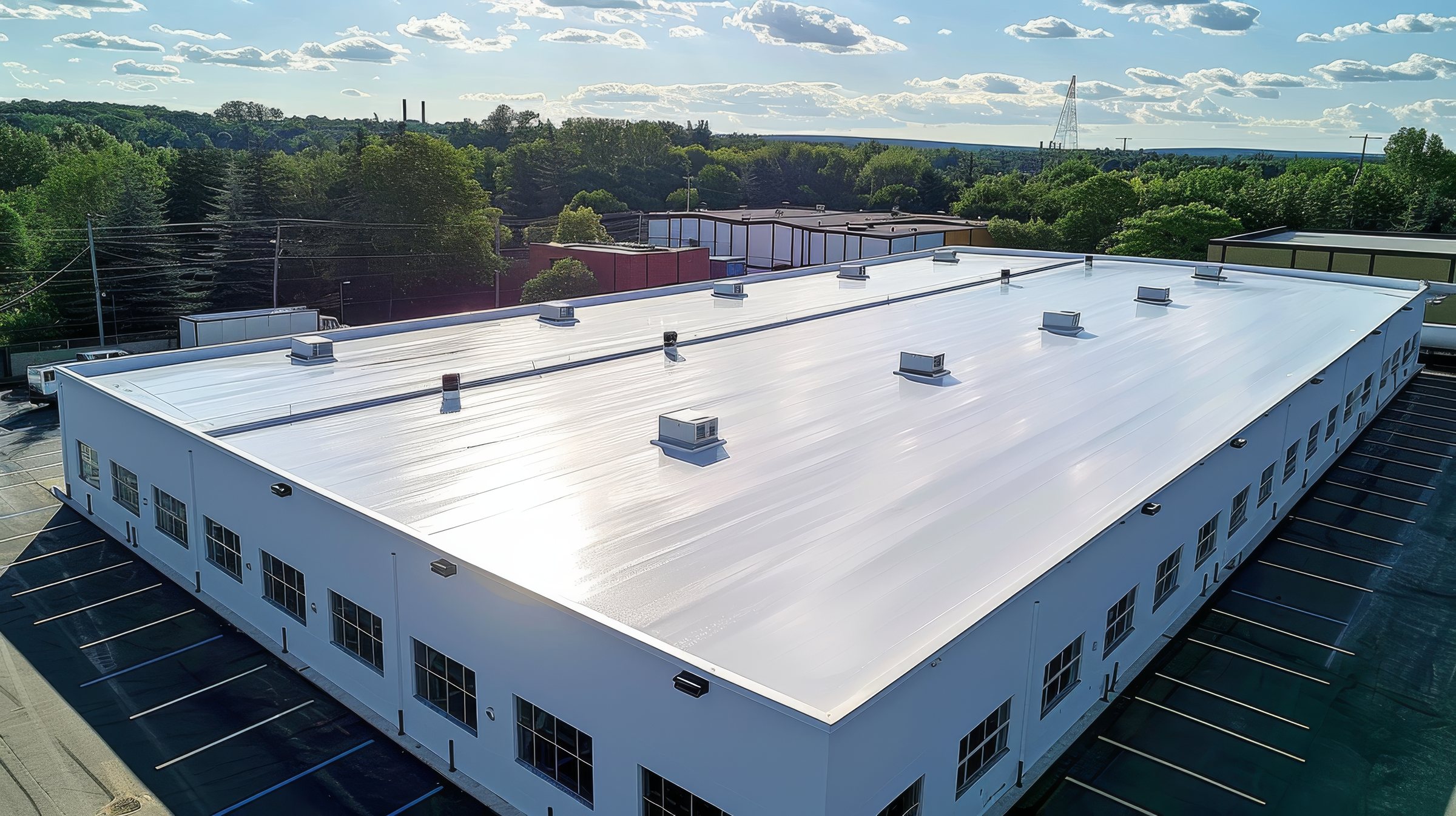 Aerial view of a white single-ply roof on a low-rise commercial building