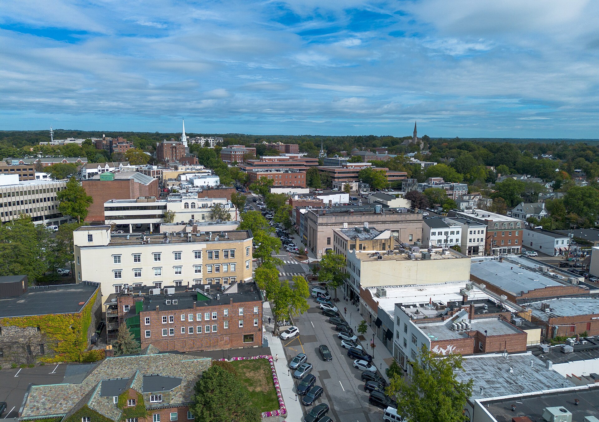Aerial view of downtown Greenwich, Connecticut and the Greenwich Avenue Historic District